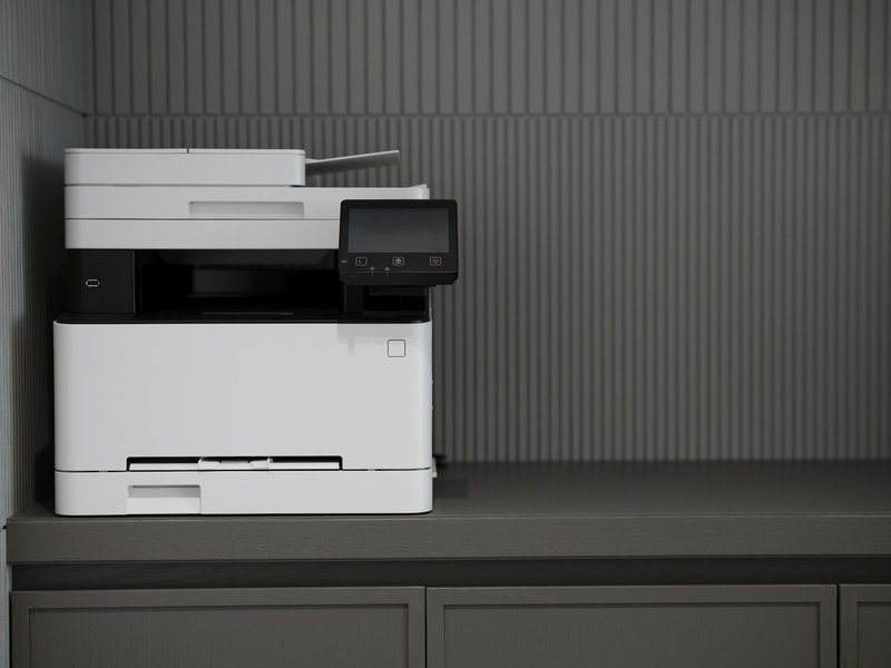 White and black multifunction office printer on a counter