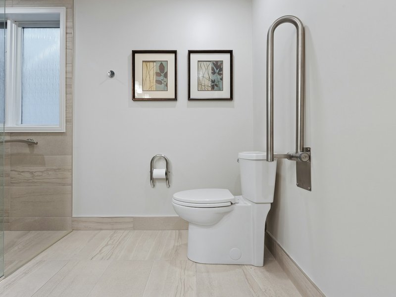 Bathroom with a fold-up grab bar beside the toilet and a wall grab bar